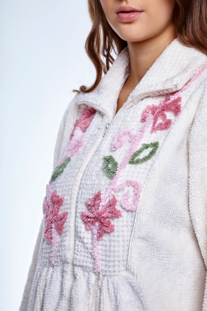 Floral Embroidered Chenille Zipper Robe Etsy