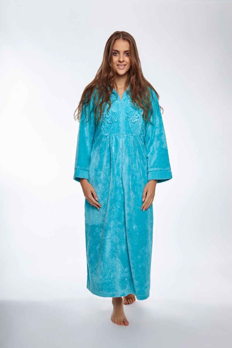 Floral Embroidered Chenille Zipper Robe Etsy