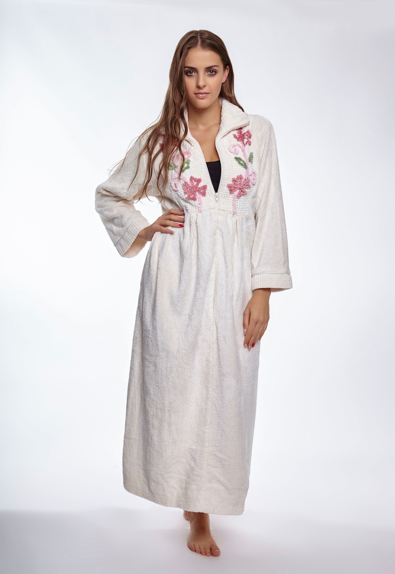 Floral Embroidered Chenille Zipper Robe Etsy