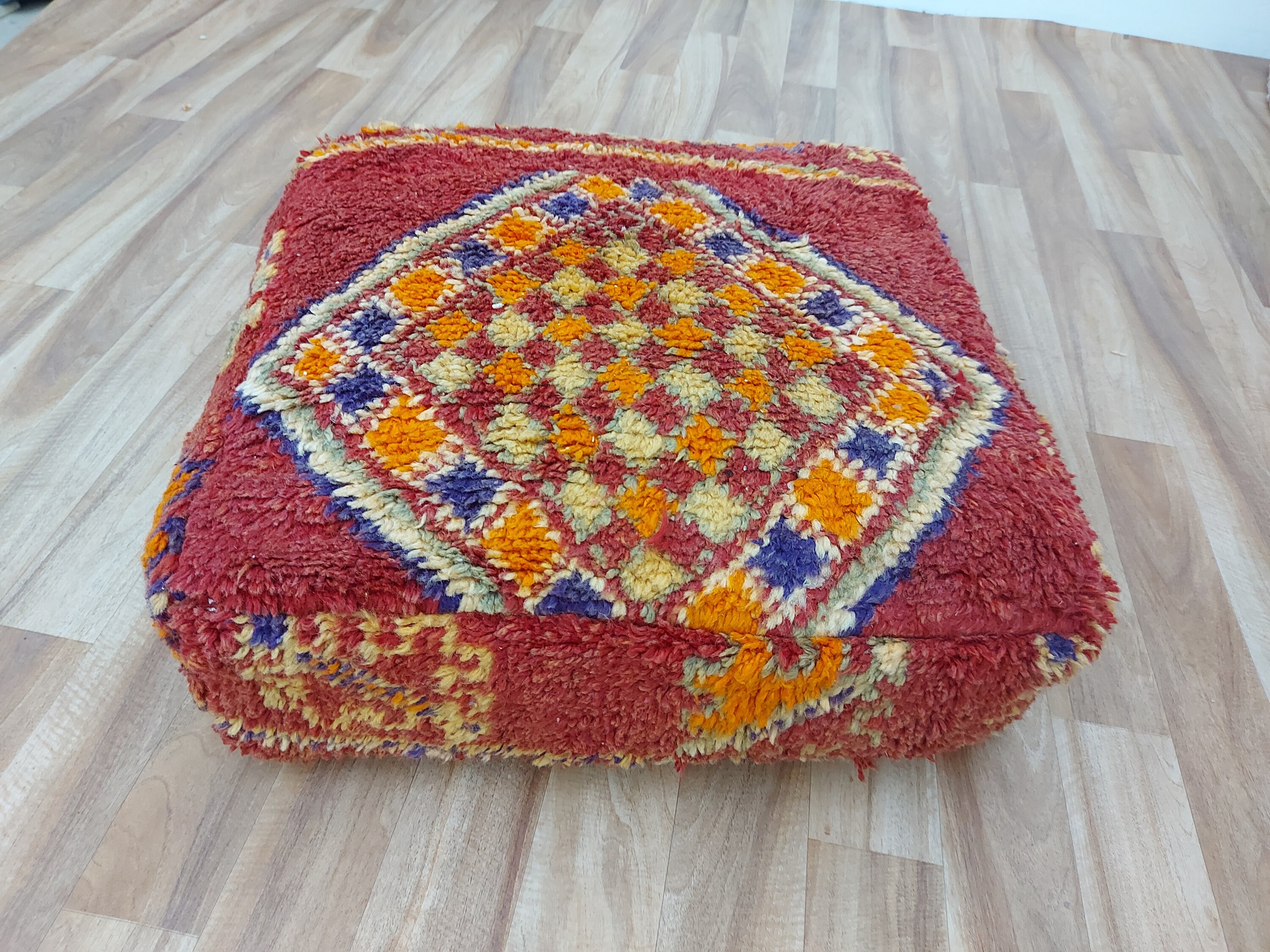 Moroccan Floor Cushion, Ottoman Wool Pillow, Vintage Moroccan, Berber Square Pouf, Cushion