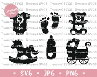 May include: Black and white silhouette images of a baby onesie, a footprint, a teddy bear, a rocking horse, a baby bottle, and a baby carriage. The images are set against a white background with the text "Treasured SVGS" repeated throughout.