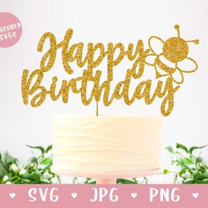 Puede incluir: Topper para pastel de purpurina dorada con las palabras "Feliz cumpleaños" y un diseño de abeja.