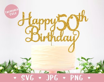 May include: Gold glitter cake topper with the text "Happy 50th Birthday" in a cursive font.