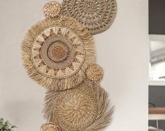 Set of 6 Boho Wall Basket with Fringe, Natural Wall Decor, Boho Wall Art, Wicker Round Placemats, Bohemian Wall Decor, Seagrass Wall Decor