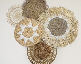 Set of 5 Boho Wall Basket and Wall Decor, Bohemian Wall Decor, Boho Wall Art, Wicker Round Placemat, Bohemian Wall Decor,Seagrass Wall Decor