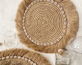 Raffia Shell Fringe Natural Placemats, Fringe Boho Wall Basket, Boho Placemats, Coastal Beach Decoration, Cowrie Shell Fringe Table Charger