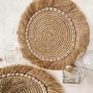 Raffia Shell Fringe Natural Placemats, Fringe Boho Wall Basket, Boho Placemats, Coastal Beach Decoration, Cowrie Shell Fringe Table Charger
