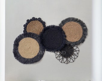 Set of 5 Black Wall Basket for Wall Decor, Natural Wall Decor, Boho Wall Art, Wicker Round Placemats, Bohemian Wall Decor, Fringe Wall Decor