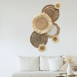 Set of 7 Boho Wall Basket and Wall Decor, Natural Wall Decor, Boho Wall Art, Wicker Round Placemats, Bohemian Wall Decor,Seagrass Wall Decor