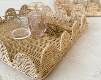 Scallops Rattan Tray, Set Straw serving tray, Woven Rattan Tray, Tray for Coffee Table, Tray for decor, Hand woven Tray, Square Rattan Tray