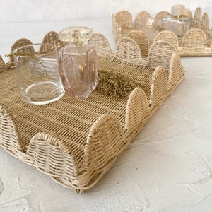 Scallops Rattan Tray, Set Straw serving tray, Woven Rattan Tray, Tray for Coffee Table, Tray for decor, Hand woven Tray, Square Rattan Tray