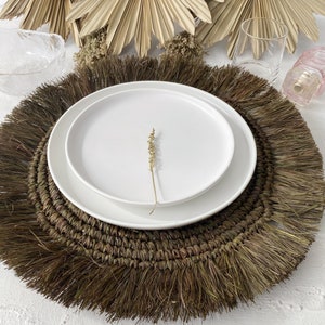 Green Raffia Placemats, Boho Placemats, Fringe Placemats, Raffia Placemats & Table Charger, Placemats for Round Table, Green Raffia Placemat