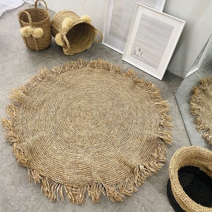 Natural Raffia Fringe Rug, Boho Fringe Round Carpet, Boho Natural Floor Covering, Raffia Living Room Rug, Bohemian Bedroom Rug,Boho Area Rug