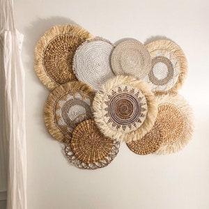 Set of 9 Boho Wall Basket and Wall Decor, Natural Wall Decor, Boho Wall Art, Wicker Round Placemats, Bohemian Wall Decor,Seagrass Wall Decor