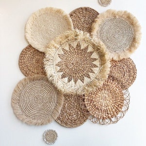 Set of 12 Boho Wall Basket and Wall Decor, Natural Wall Decor, Boho Wall Art, Wicker Round Placemats,Bohemian Wall Decor,Seagrass Wall Decor