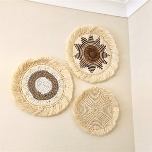 Set of 3 Natural Bohemian Wall Decor, Bohemian Wall Basket,Fringe Wall Art & Wall Decor,Bedroom Wall Decor,Living Room Wall Art,Wall Art Set