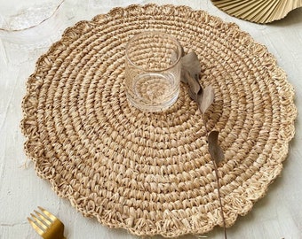 Scallops Raffia Natural Placemats, Flower Raffia Boho Placemats, Raffia Placemats & Table Charger,Placemats for Round Table,Raffia Placemats