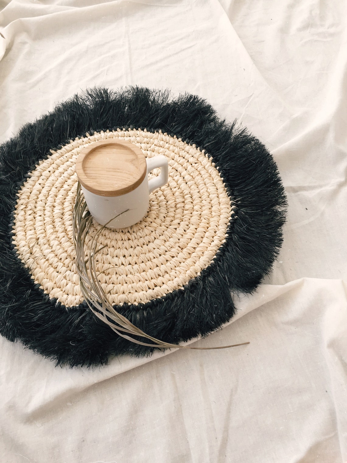 Natural With Black Fringe Placemats Black Raffia Fringe Etsy