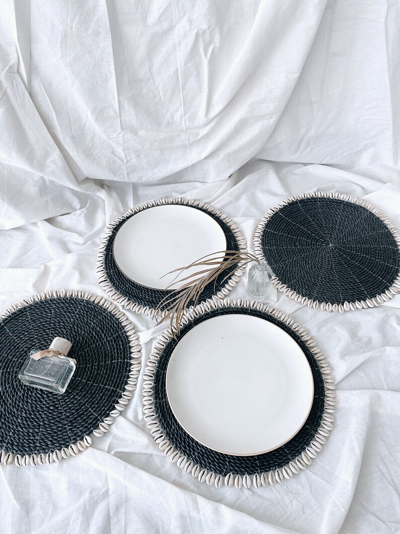 Black Shell Placemats Straw Wicker Placemats Bali Placemats Etsy