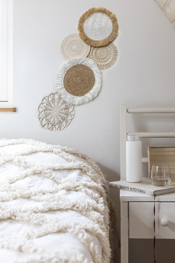 Set of 5 White Wall Decor Boho Wall Art Boho Wall Basket and Wall Decor Wicker Round Wall Ornaments Boho Wall Decor White Washed Decor Etsy Canada