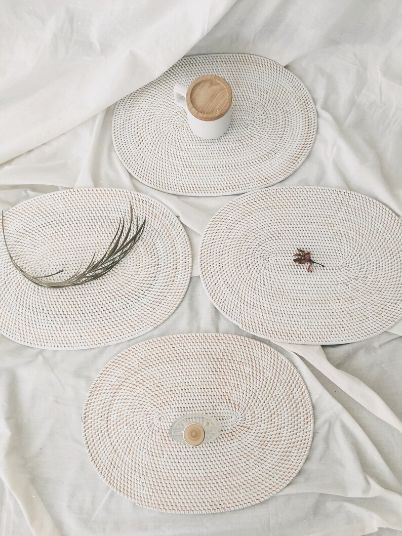 Oval White Rattan White Color Placemats Dining Table White Etsy