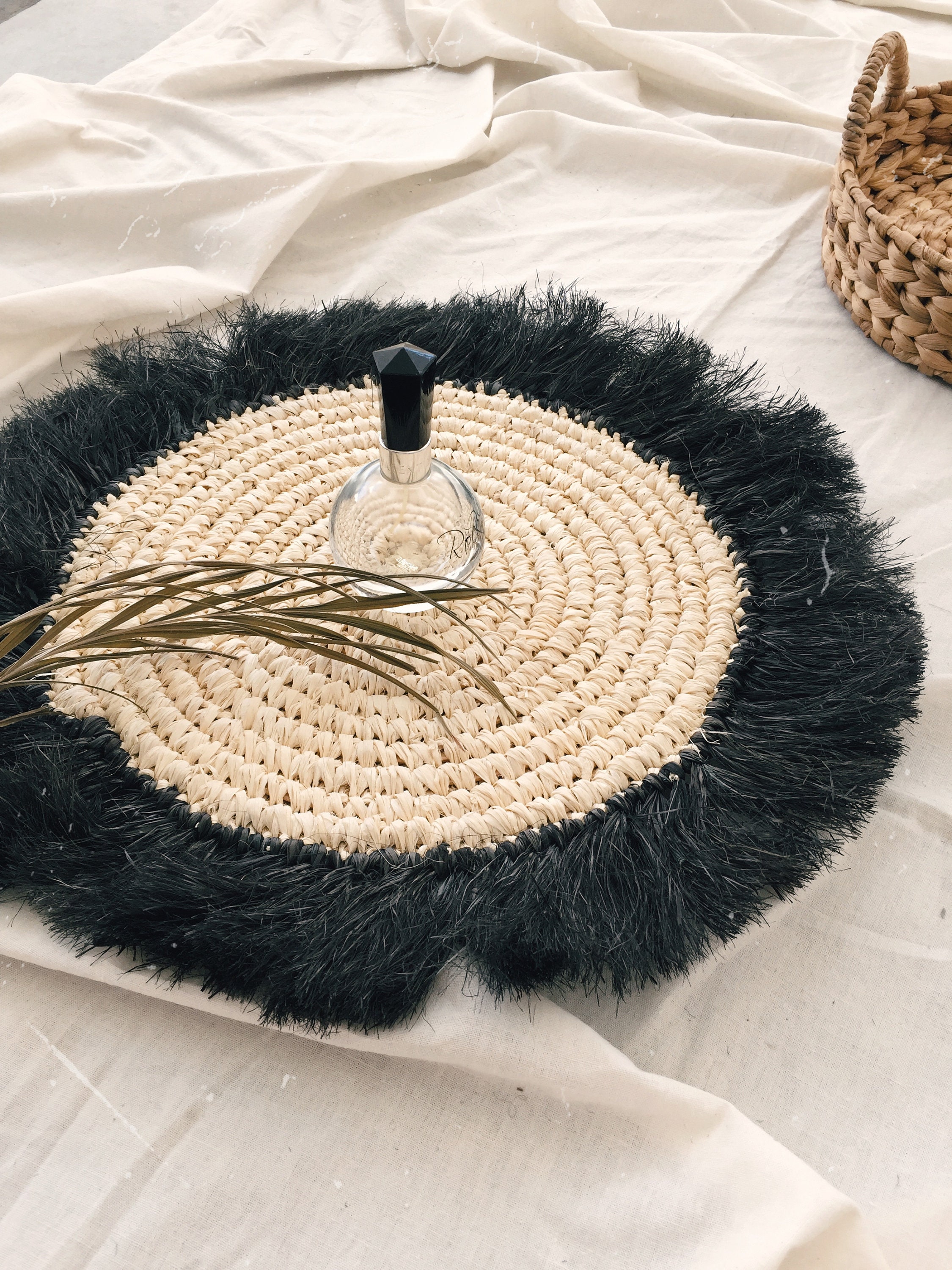 Natural With Black Fringe Placemats Black Raffia Fringe Etsy