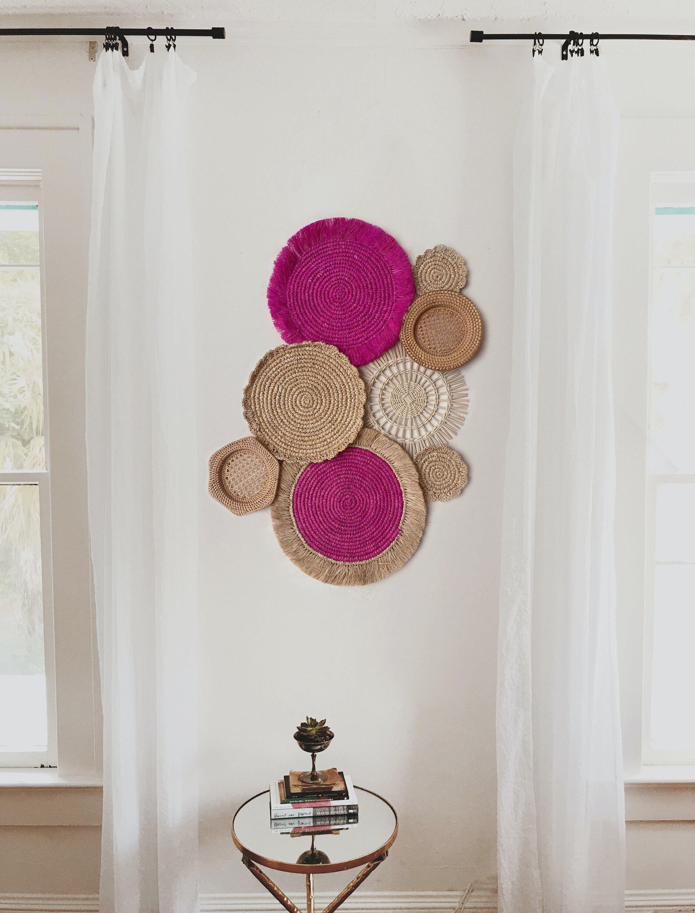 Set of 8 Fuchsia Wall Basket, Pink Boho Wall Basket Set, Fuchsia Wall Decor Set, Natural Boho Pink Wall Decor, Hanging Wall Boho Wall Basket