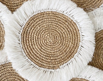 Natural White Fringe Placemats, Boho Placemats, White Fringe Placemats, Handwoven Placemats, Table decor pad, Straw Placemats, Wicker Pads