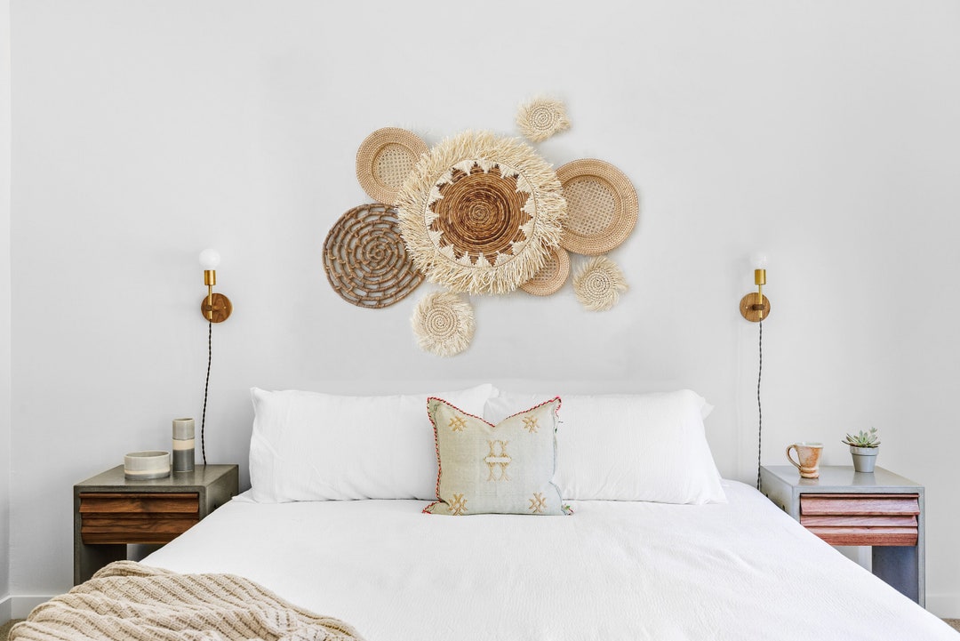 Set of 8 Natural Wall Decor, Boho Wall Art, Boho Wall Basket and Wall Decor, Wicker Round Wall ...