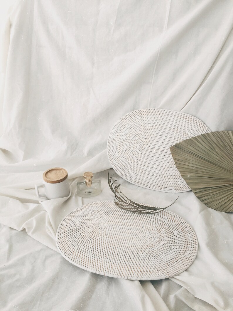 Oval White Rattan White Color Placemats Dining Table White Etsy