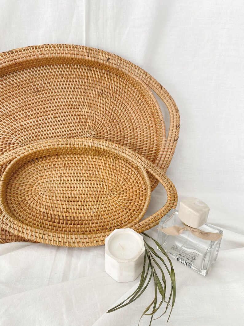 Flat Oval Rattan Tray Boho Tray Straw Serving Tray Woven Etsy