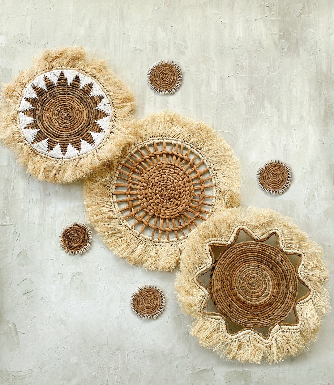 Set of 7 Boho Wall Basket With Fringe, Natural Wall Decor, Boho Wall