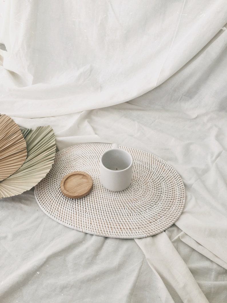 Oval White Rattan White Color Placemats Dining Table White Etsy