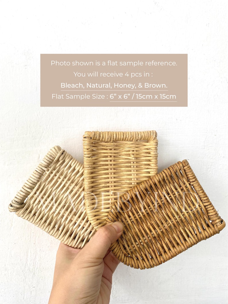 Puede incluir: Tres muestras planas de rat&aacute;n tejido en tonos blanqueado, natural y miel. El texto dice: Photo shown is a flat sample reference. You will receive 4 pcs in: Bleach, Natural, Honey, & Brown. Flat Sample Size: 6" x 6" / 15cm x 15cm.