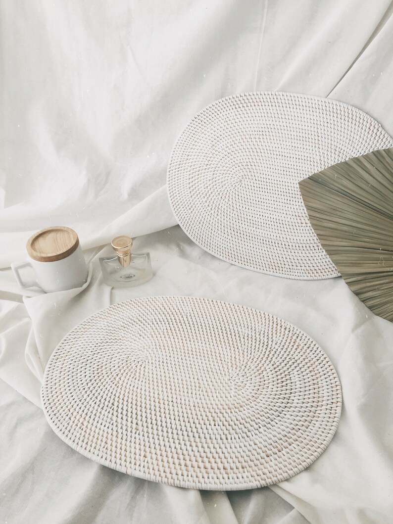 Oval White Rattan White Color Placemats Dining Table White Etsy