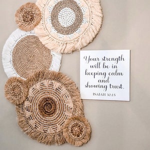 Set of 6 Boho Wall Basket with Fringe, Natural Wall Decor, Boho Wall Art, Wicker Round Placemats, Bohemian Wall Decor, Seagrass Wall Decor