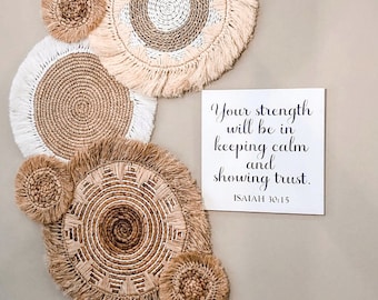 Set of 6 Boho Wall Basket with Fringe, Natural Wall Decor, Boho Wall Art, Wicker Round Placemats, Bohemian Wall Decor, Seagrass Wall Decor
