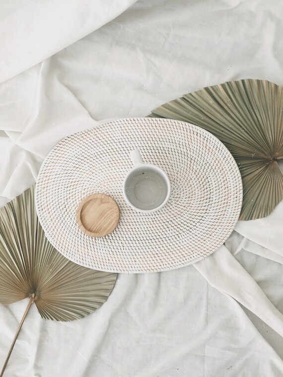 Oval White Rattan White Color Placemats Dining Table White Etsy