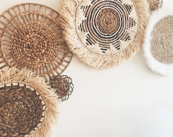 Set of 7 Boho Wall Basket and Wall Decor, Natural Wall Decor, Boho Wall Art, Wicker Round Placemats, Bohemian Wall Decor,Seagrass Wall Decor