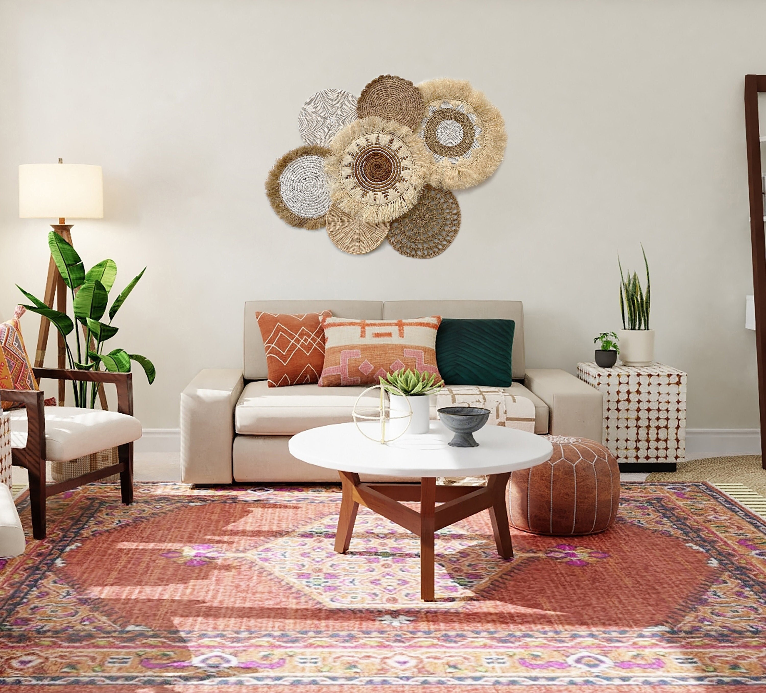 Set di 5 Cestini da Parete Decori Fatti a Mano in Stile Boho Art, Cesto in Tessuto Piatto, Decorazione da Parete, Erba Rotonda, Appeso a Parete, per Soggiorno, Camera da Letto, 7,9-11,8(Multicolore