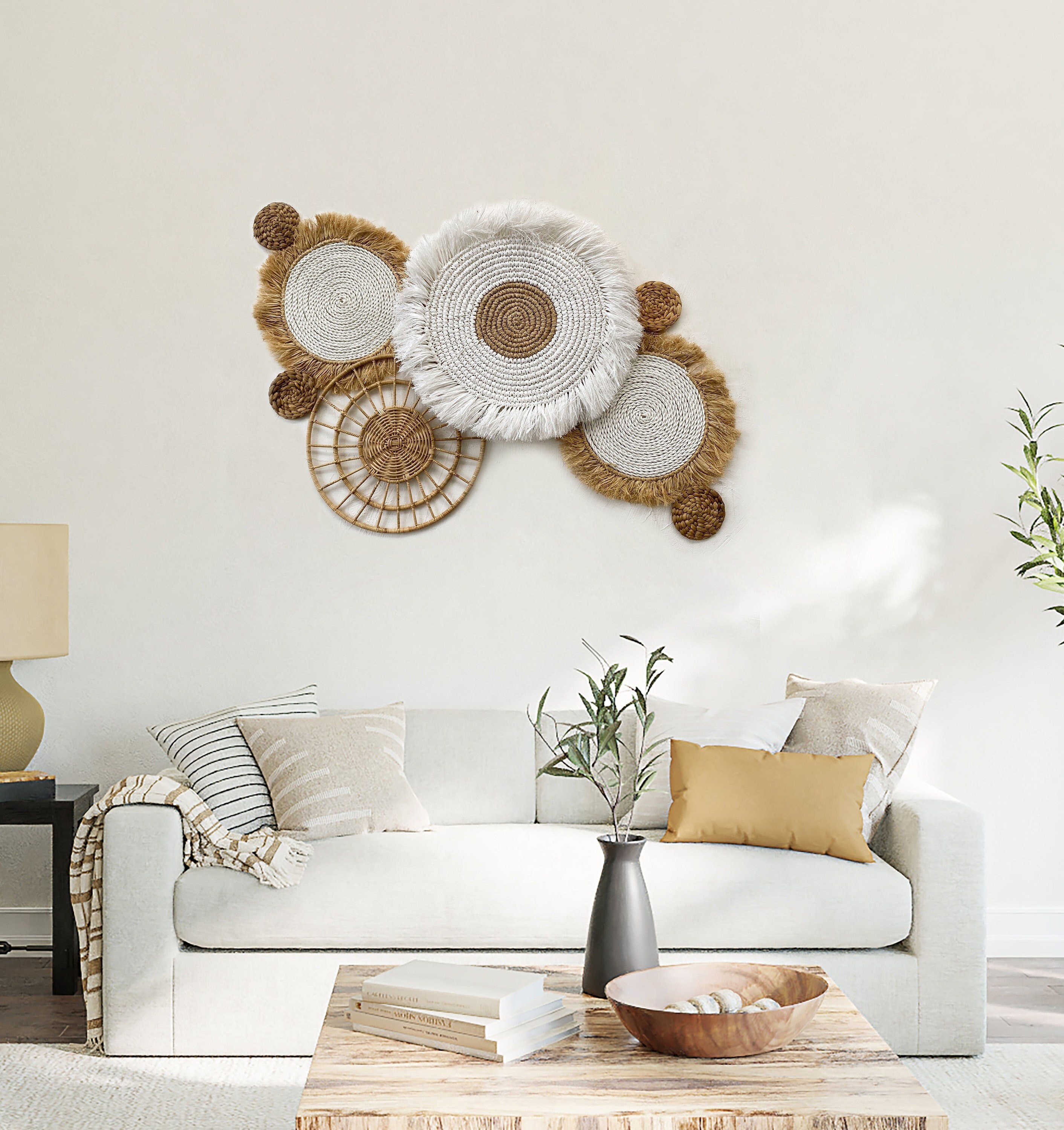 Lot De 3 Paniers Muraux Bohèmes En Osier Et Raphia - Décoration Murale Ronde, Diamètre 28 Cm, Idéal Pour Salon Ou Chambre