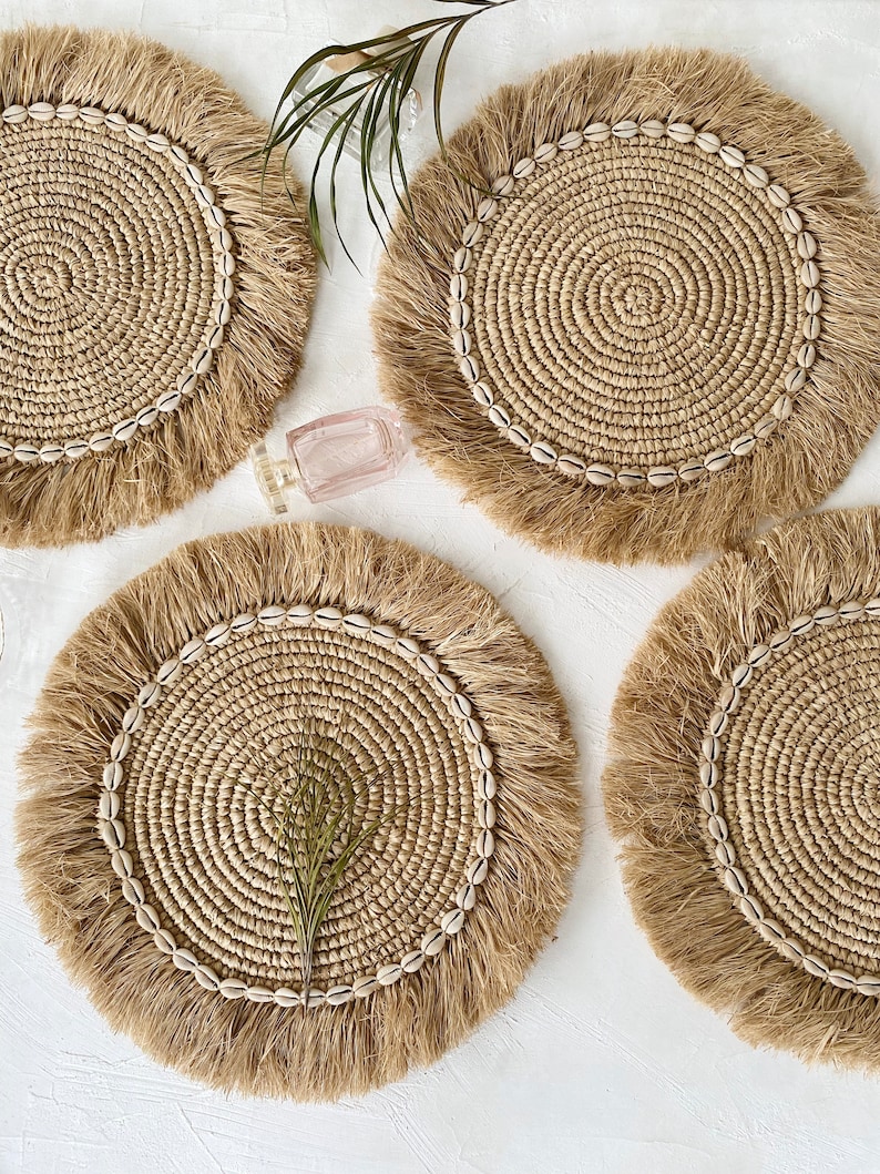 Raffia Shell Fringe Natural Placemats Fringe Boho Wall Etsy