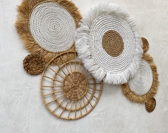 Décoration murale - Lot de 7 paniers bohèmes - Rotin et osier - Asymétrique - Pour intérieur et Décoration murale - Lot de 7 paniers bohèmes - Rotin et osier - Asymétrique - Pour intérieur et
