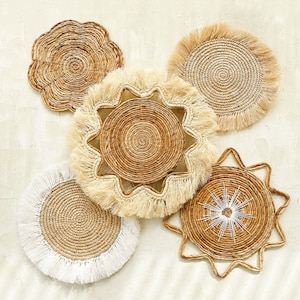 Set of 5 Boho Wall Basket and Wall Decor, Bohemian Wall Decor, Boho Wall Art, Wicker Round Placemat, Bohemian Wall Decor,Seagrass Wall Decor