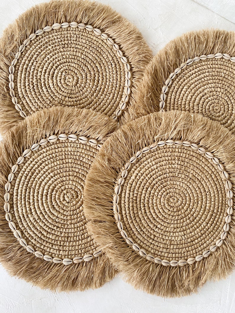 Raffia Shell Fringe Natural Placemats Fringe Boho Wall Etsy