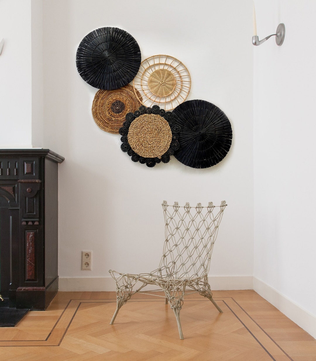 Set of 5 Boho Black Wall Basket With Fringe, Natural Wall Decor, Boho Wall Art, Wicker Round ...