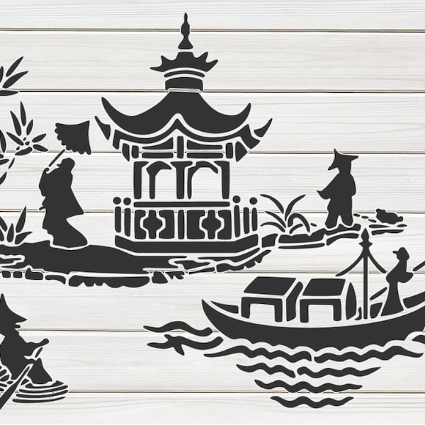 Chinese Landscape Stencil Model Template design print, Digital Download ClipArt Graphic for Dyi craft wall furniture deco , SVG, PNG, DXF