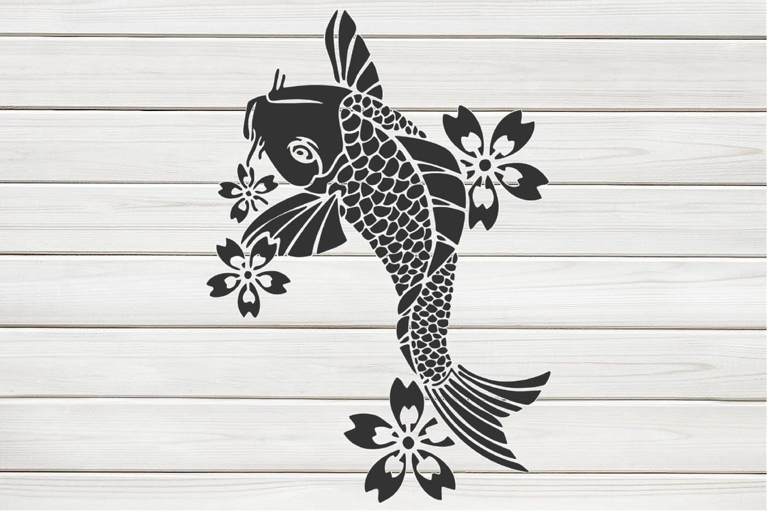 Koi Fish in Pond Flower Stencil Model Template Design Print Digital