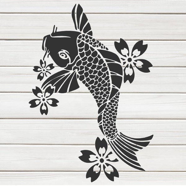 Koi Fish in Pond Flower Stencil Model template design print Digital Download Clip Art Graphic craft wall furniture deco Vector SVG PNG DXF