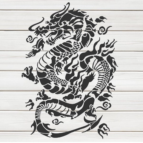 Majestic Chinese Dragon Stencil Model design print, Digital Download ClipArt Graphic for Dyi craft wall furniture déco, SVG, PNG, DXF